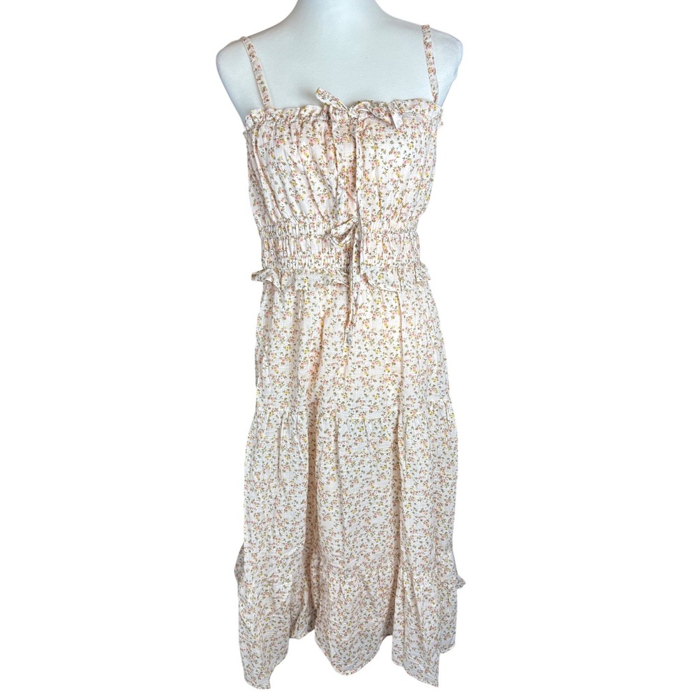 Cottagecore‎ Celebrity Pink Floral Smocked Dress Pink Yellow Ditsy Tiered NWT M
